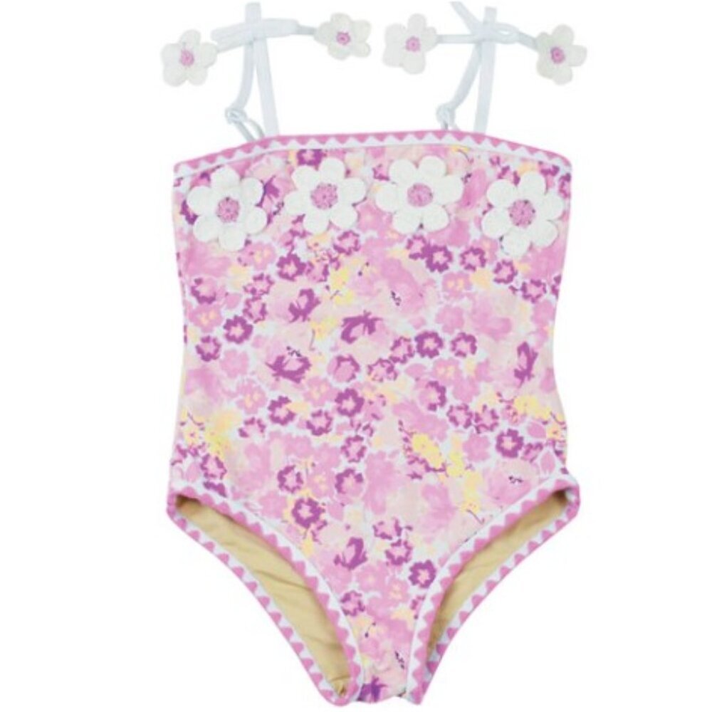 Shade Critters Purple Ditsy Floral Crochet Pom Pom One Piece Swimsuit 6–12M
